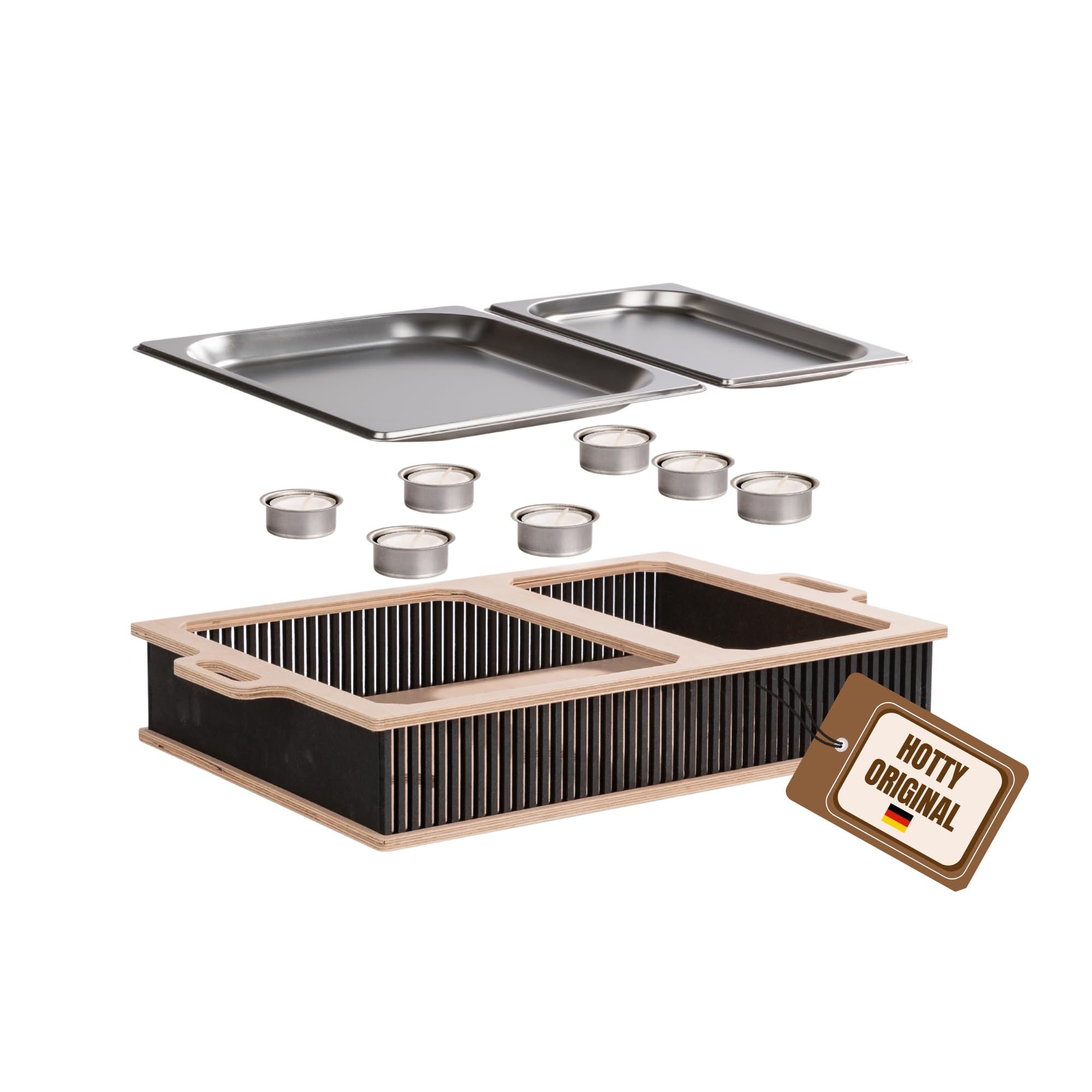 HOTTY Legacy Warmhalteplatte fürs Grillen – BBQ-Design Speisenwärmer mit personalisierbarem Batch – Stövchen für Grillgut mit Kerzen – Personalisiertes BBQ-Board für Grillpartys (Schwarz, L)