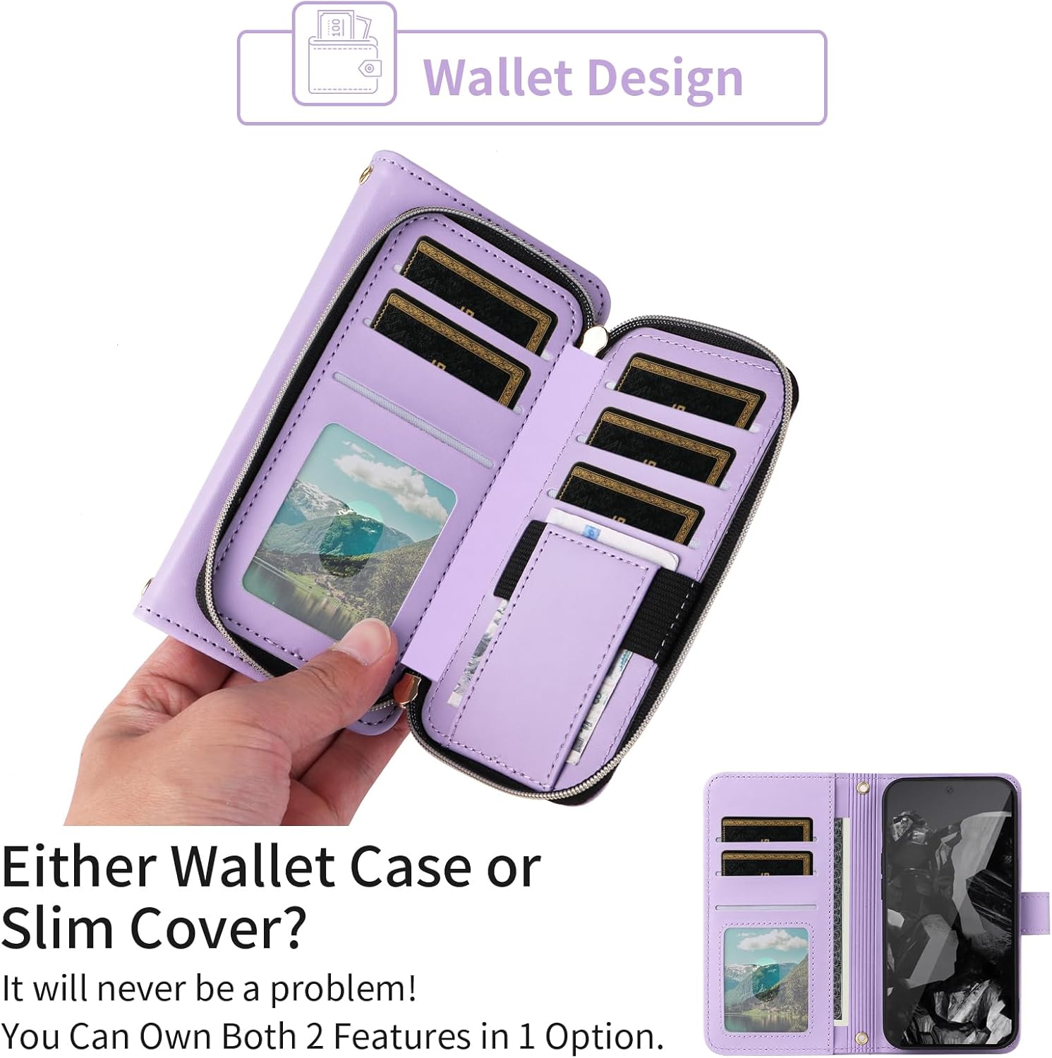Argyle Wallet Case for Google Pixel 9 Pro XL/10 Pro XL with Wrist/Shoulder Strap, Card Slots Zipper Purse Luxury PU Leather Stand Phone Cover for Pixel9 9Pro Nine Pixel10 10Pro LX Purple