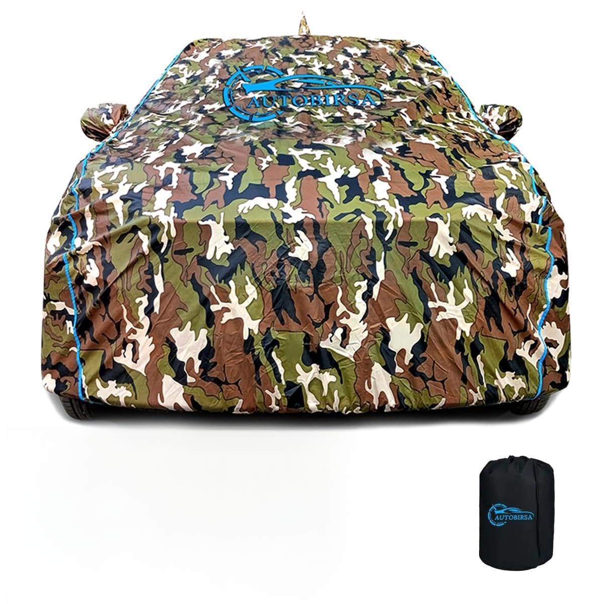 Waterproof Car Body Cover Compatible with Hyundai Grand I10 Nios Sportz Mirror Pocket and Antenna Pocket, Triple Stitched (Jungle Print with Blue Piping Design)-image-10