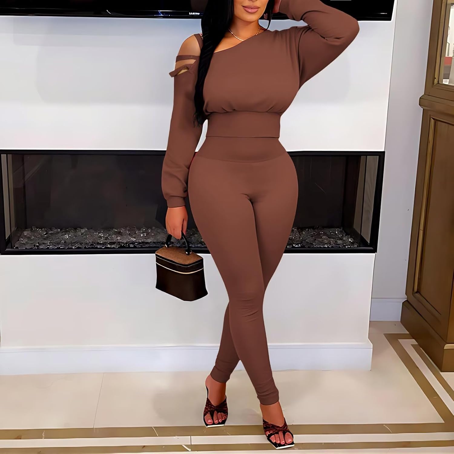 Ophestin Womens 2 Piece Sweatsuits Sexy Off The Shoulder Long Sleeve Tops Legging Pants Set Tracksuit Outfits - Image 3