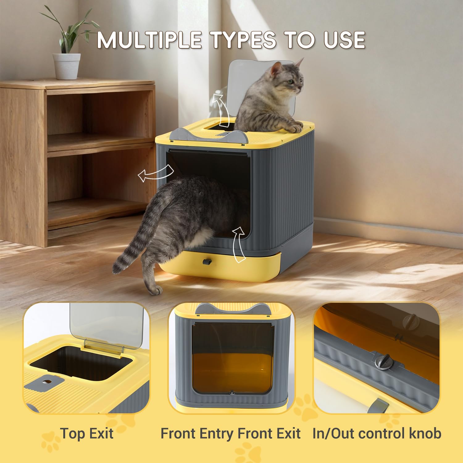 Upgraded Fully Enclosed Cat Litter Box with Lid, Covered Cat Box Enclosure, Anti-Splashing Easy to Clean Kitty Litter Boxes with Drawer, 3 Modes can Use from Kitten to Adult(Yellow&Grey)