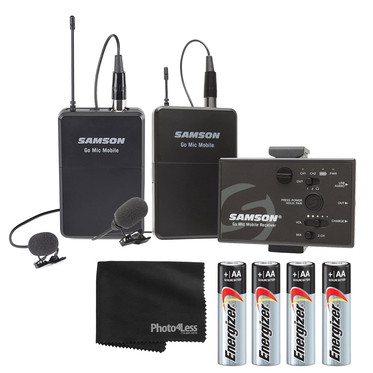 SamsonGo Mic Mobile Professional Lavalier Wireless System Plus Additional Transmitter + Energizer Premium Max AA (4 Pack) + Cleaning Cloth - Top Value Accessory Bundle