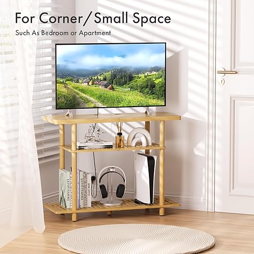 Miniatura 7 de Soporte de TV, centro de entretenimiento para hasta 32 pulgadas, estante pequeño de bambú de 3 niveles con almacenamiento abierto, soportes de TV