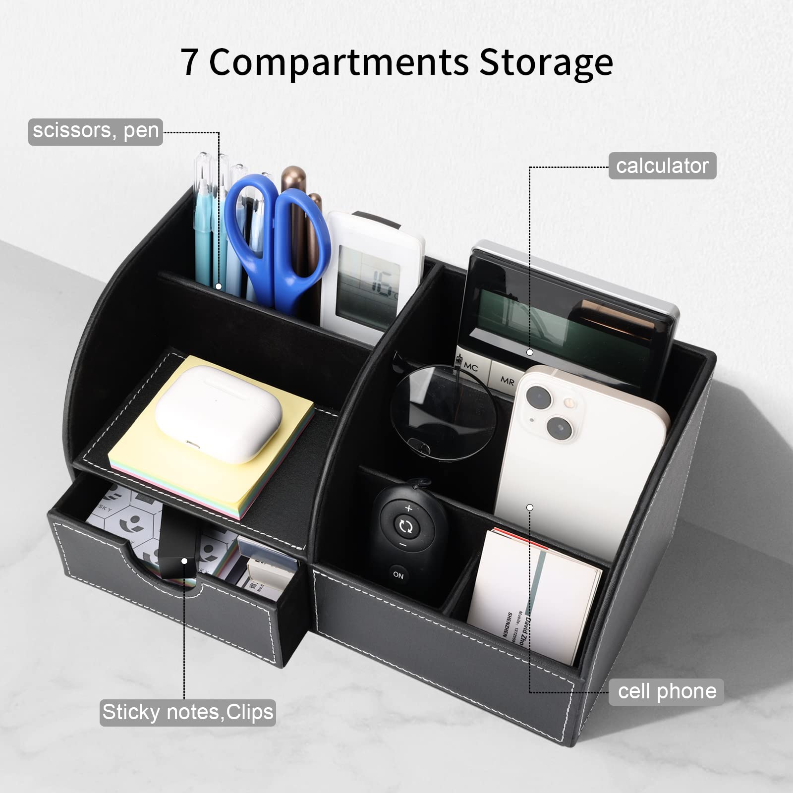Richblue Schreibtisch Organizer, PU Leder Stiftehalter Schreibtisch, Multifunktionaler Büro Organizer mit Klein Schublade (7 Fächern-Schwarz)
