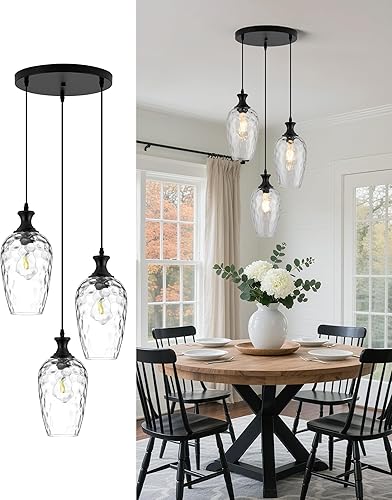 Miniatura 19 de Lámpara colgante de 3 luces, moderna lámpara de araña de níquel cepillado para comedor sobre mesa con vidrio martillado, luces colgantes de racimo