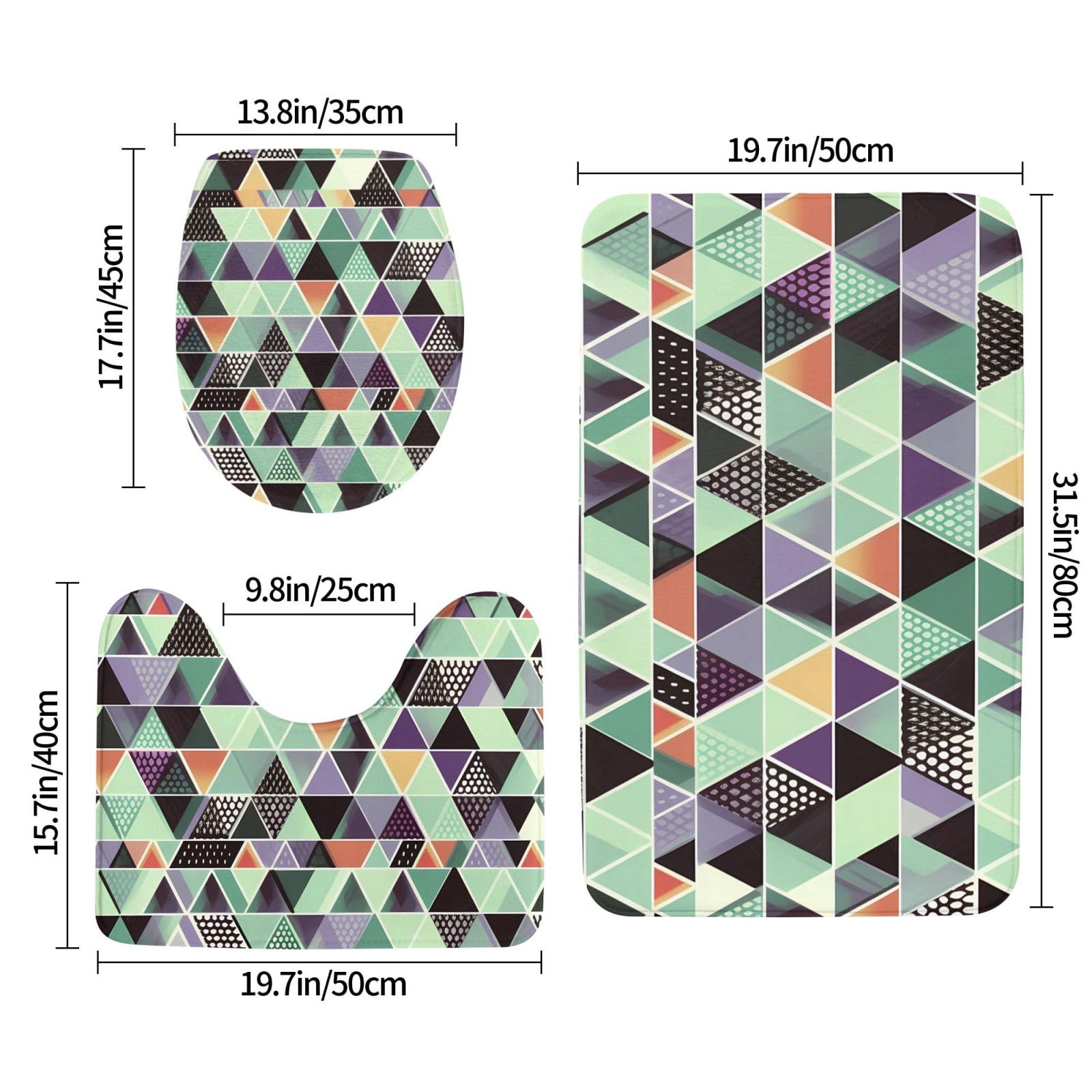 Set di 3 tappetini da bagno geometrici triangolari in flanella morbida antiscivolo con coperchio per la decorazione della casa