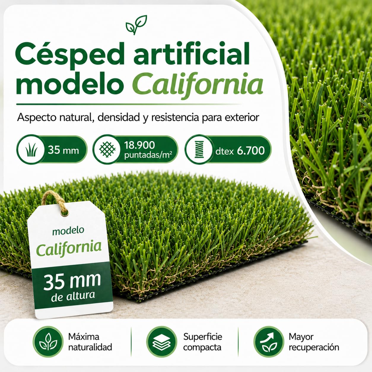 Césped Artificial Premium 35mm, Rollo 2x5m Modelo California, 18.900 Puntadas, 6.700Dtex. Máximo Realismo, Alta Densidad, Ideal para Exteriores, Piscinas, Terrazas y Jardín