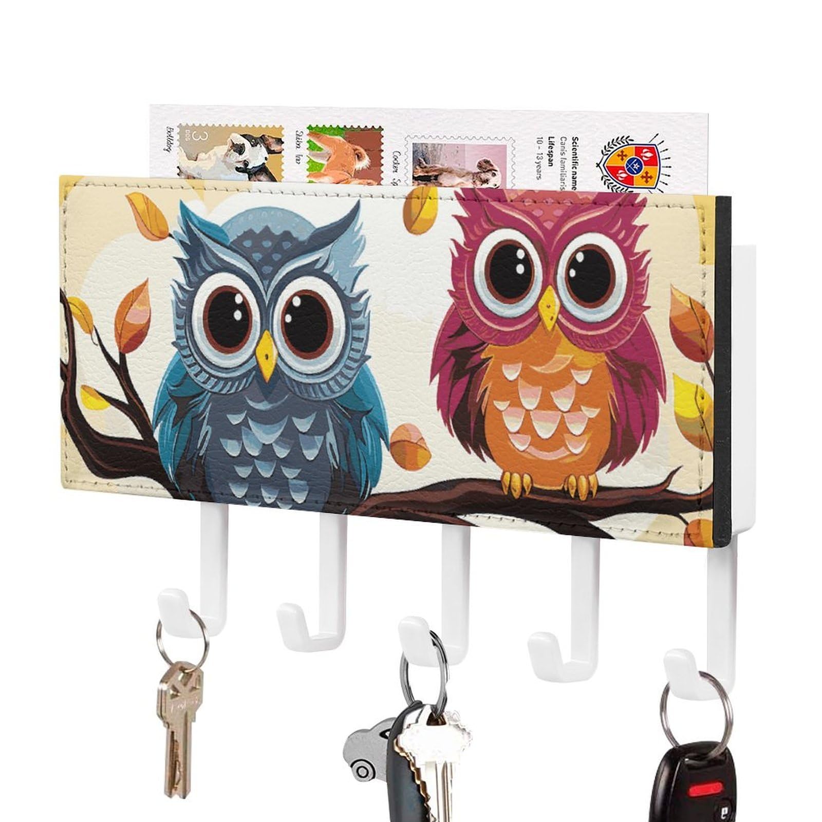 JTREHY Owls on Tree Branches Holder Wall-Mounted Key and Mail Holder,Key Rack with 5Keys Hooks, Easy to Install Mail Organizer for Entryway, Front Door, Hallway, Office