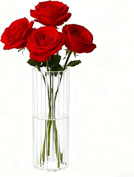 Flower Vase, Non-breakable Vase for Flower, Ribbed Acrylic Vase, 4"W x 10"H Tall Clear Cylinder Vases for Centerpieces, Living Room, Dining Table, Office, Bookshelf Decoration Housewarming Gift