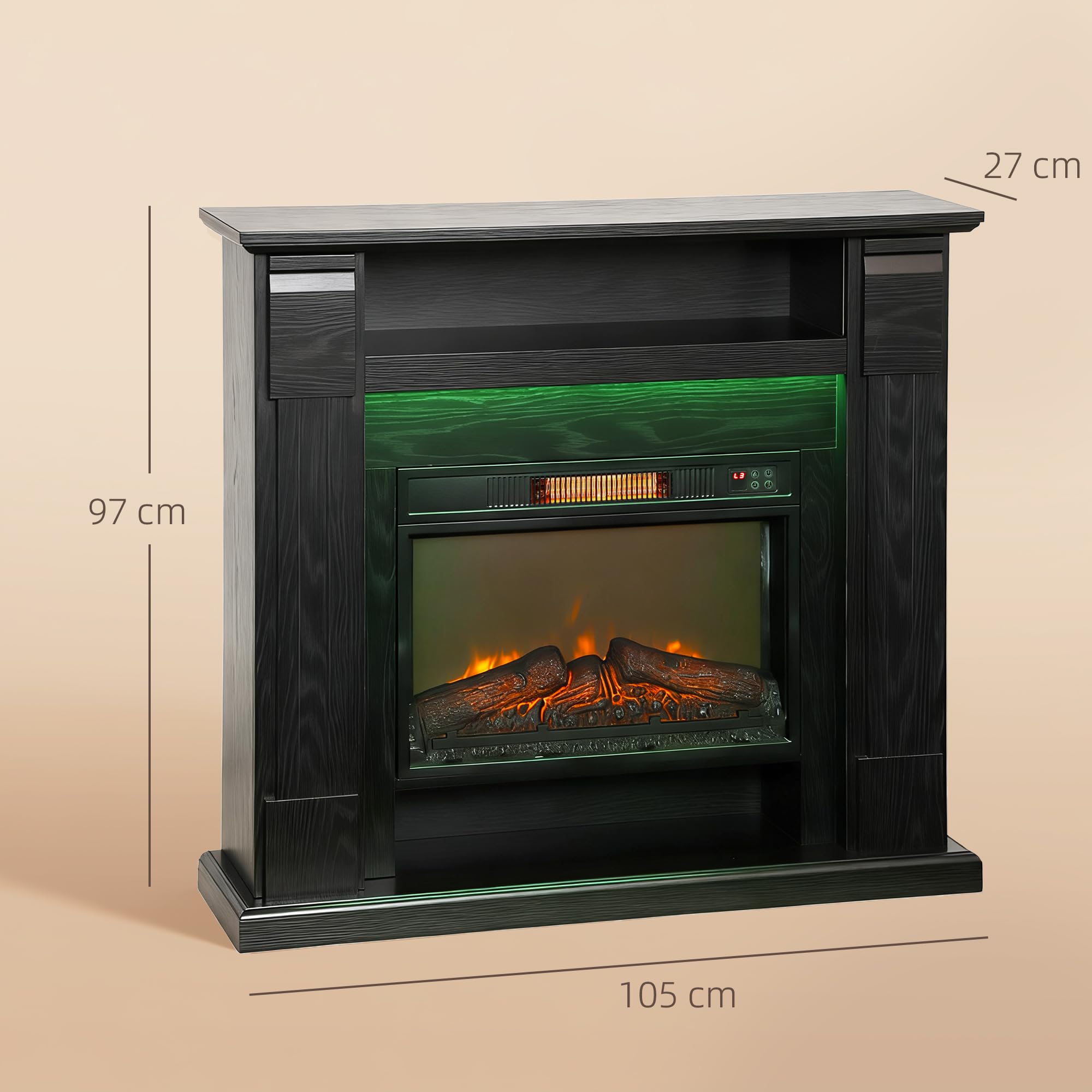 HOMCOM Camino Elettrico con Cornice Effetto Fiamma 3D Realistico 3 Luminosità, 1800W Caminetto Elettrico da Incasso/Terra, Luce LED, Riscaldamento Regolabile, 2 Telecomandi, Termostato, Timer, Nero
