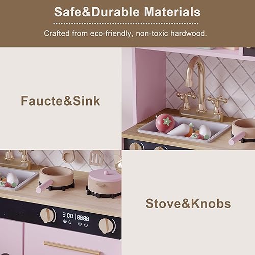 Miniatura 5 de Treocho Juego de cocina para niños, juego de cocina de madera para niños pequeños con almacenamiento, cocina de juguete de diseño moderno con grifo