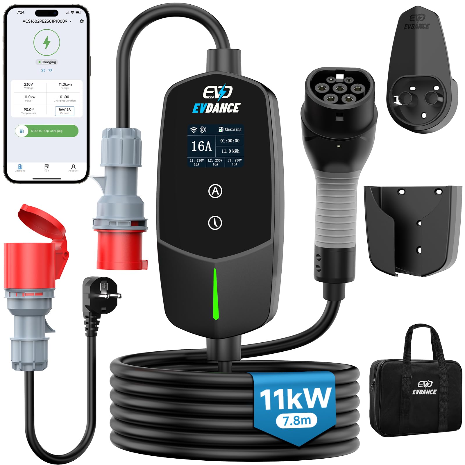 EVDANCE Mobile Wallbox 11kW mit App, 400V (6-16A) 3 phasig 7,8M Mobile Ladestation CEE Typ 2 Ladekabel IP66 mit Einstellbarer Ladeleistung, EV-Charger für Elektroauto & Hybrid(PHEV/EV)