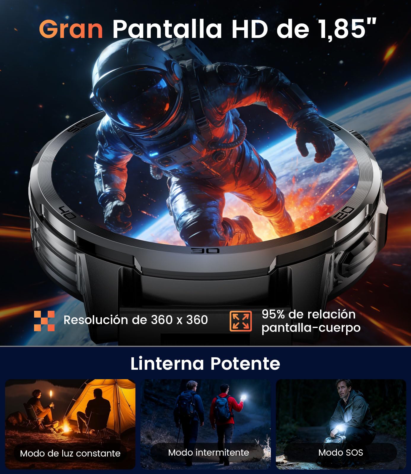 Reloj Inteligente Hombre con 1000mAh Batería/Linterna, 1.85" Grandes Smartwatch Hombre con Llamadas Bluetooth, Monitor de Sueño, IP68 Impermeable, 100+ Modos Deportivos para Android iOS