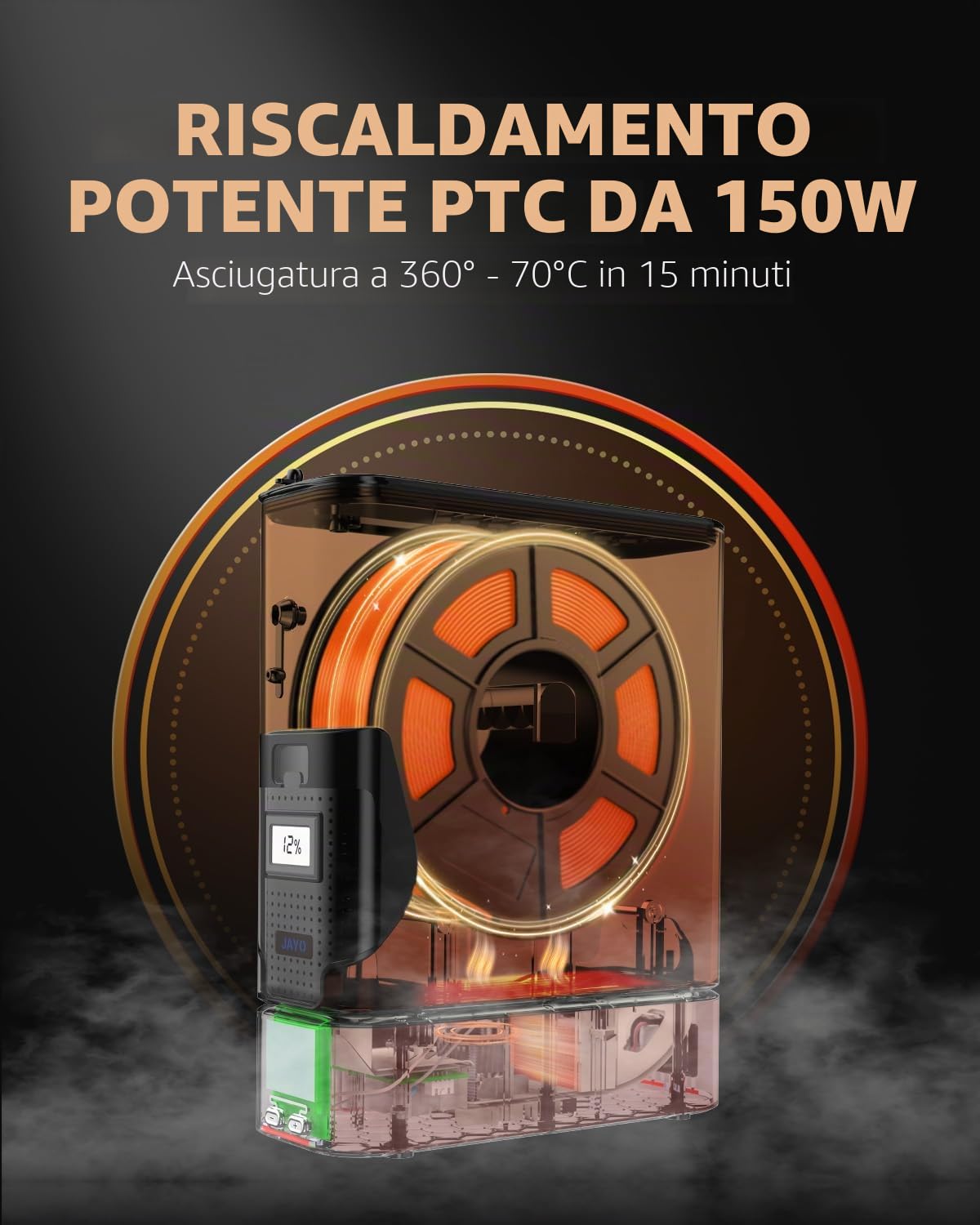 JAYO J1 Essiccatore per Filamento 3D – Riscaldamento PTC 150W, Asciuga Durante Stampa, Igrometro Integrato, Impilabile, Compatibile con Filamenti 1, 75/2, 85 mm (PLA PETG ABS Nylon TPU)