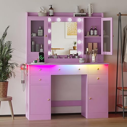 Miniatura 9 de Escritorio de tocador de maquillaje con espejo y luces, juego de mesa blanca con cajones de almacenamiento, estación de carga y gabinetes, tocador