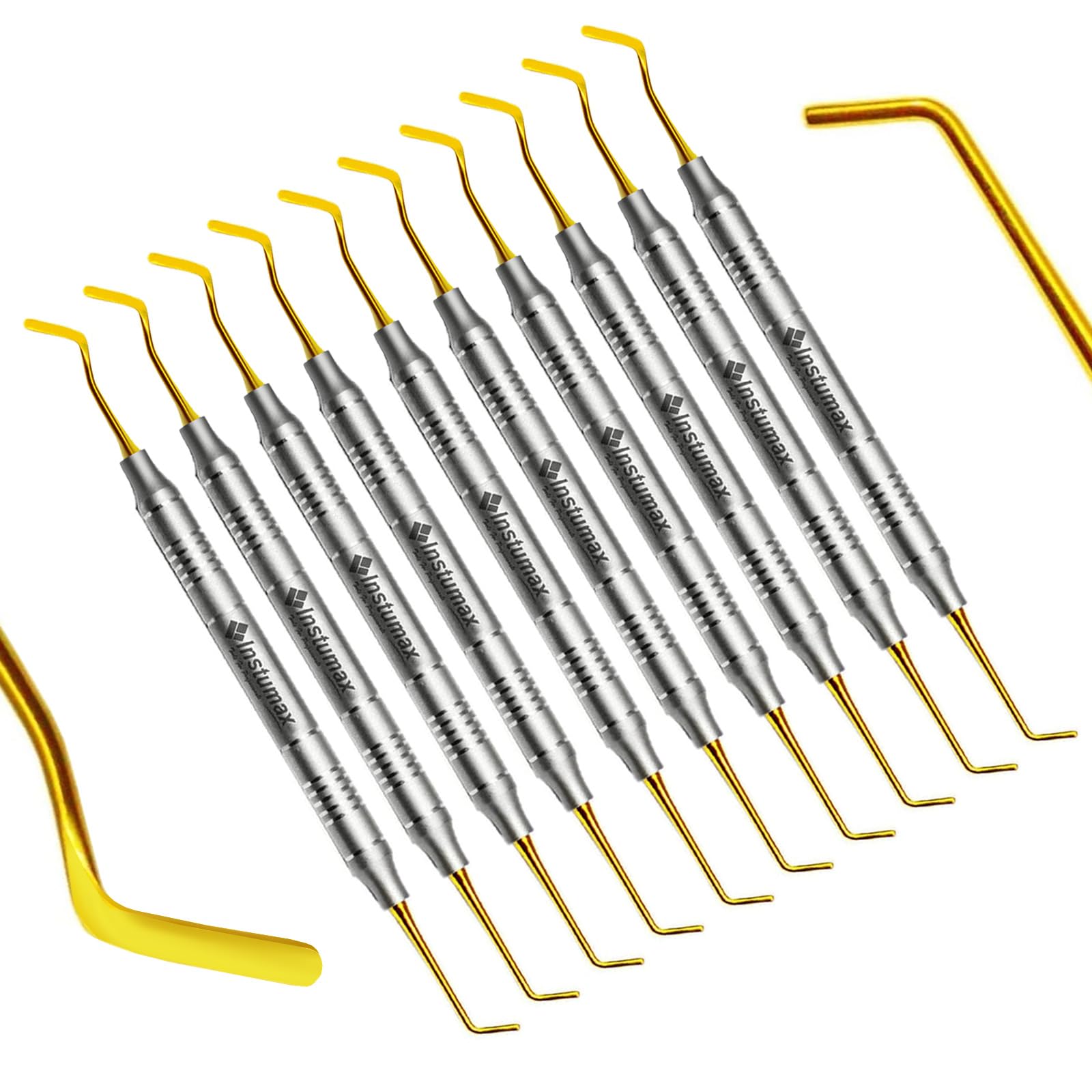 INSTUMAX Set of 10 Dental Composite Filling Instruments Spatula & Plugger Titanium Golden Tips Restorative Teeth Resin Restore Shape Removing Tools