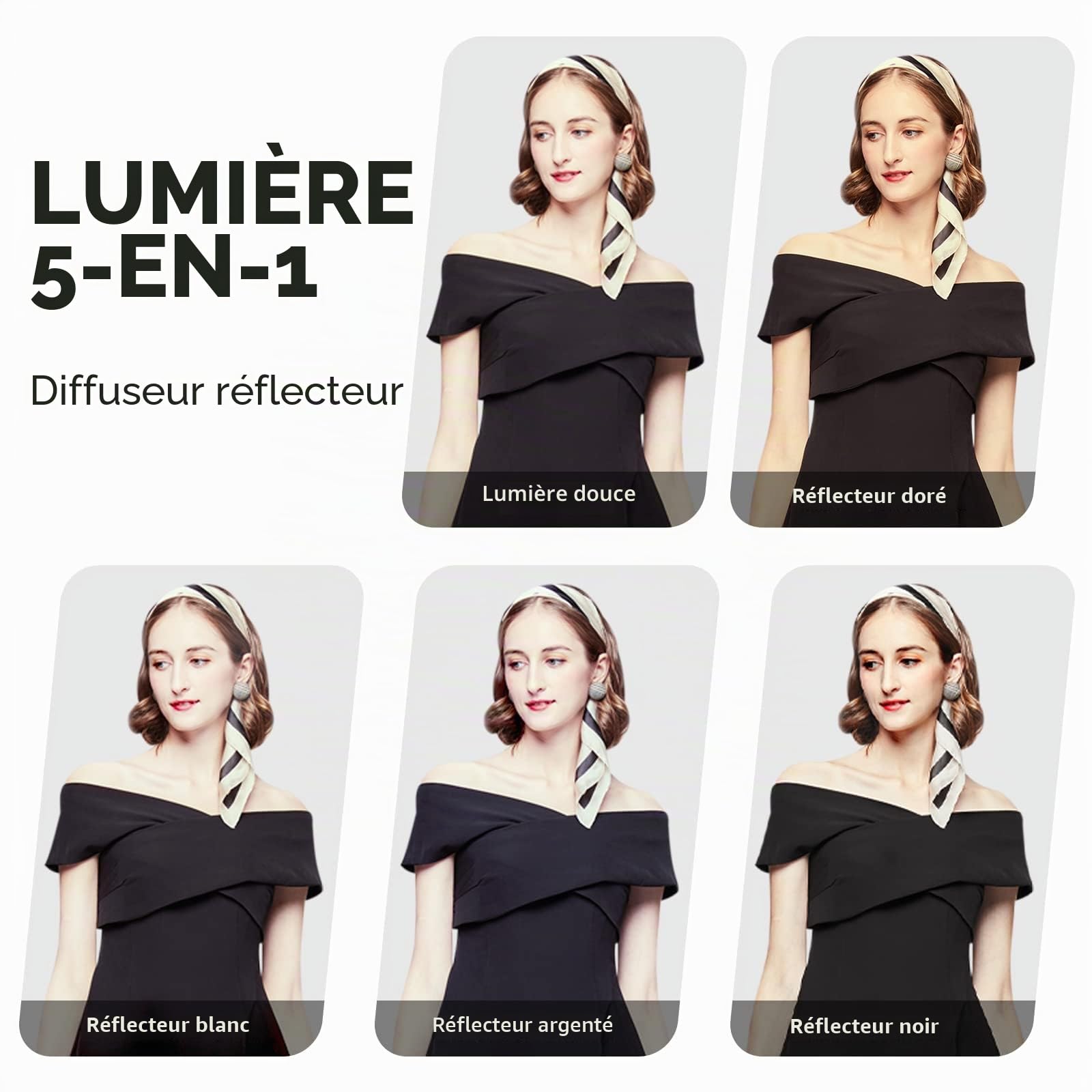 soonpho 60 x 90 cm - Réflecteur de lumière 5 en 1 - Portable et pliable - Avec poche - Translucide, argent, or, blanc et noir (60 x 90 cm)
