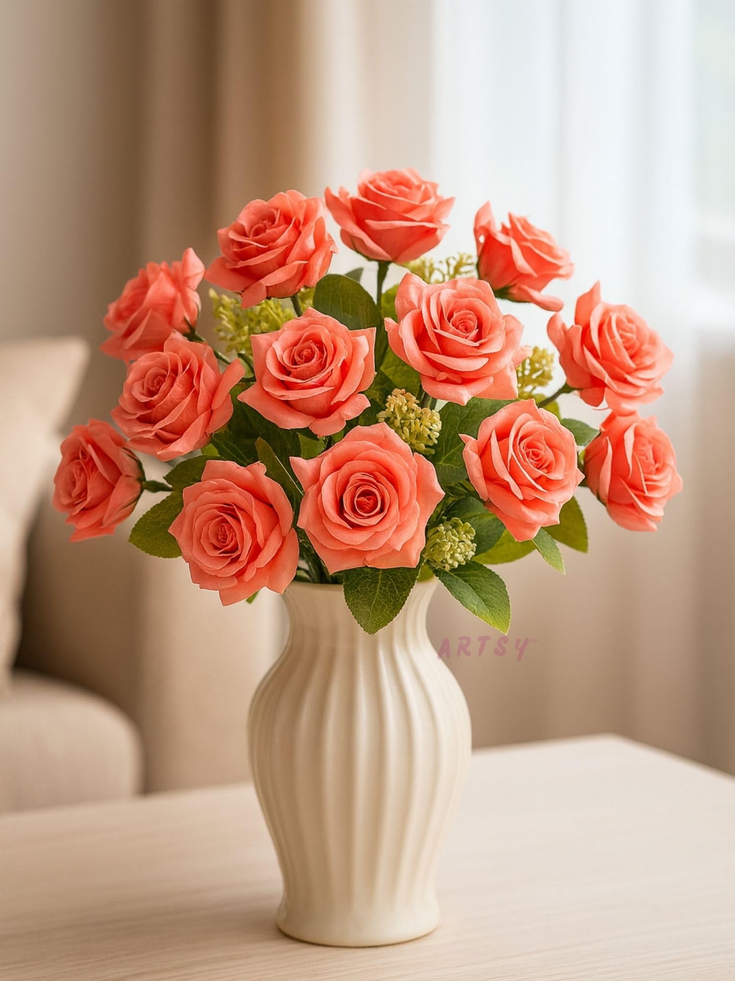 ARTSY® Artificial Rose Flower Bunch for Home Decoration – Pack of 2 | Realistic Artificial Roses | Table Vase Decoration for Living Room, Bedroom, Office | Gift & Event Decoration, Pink