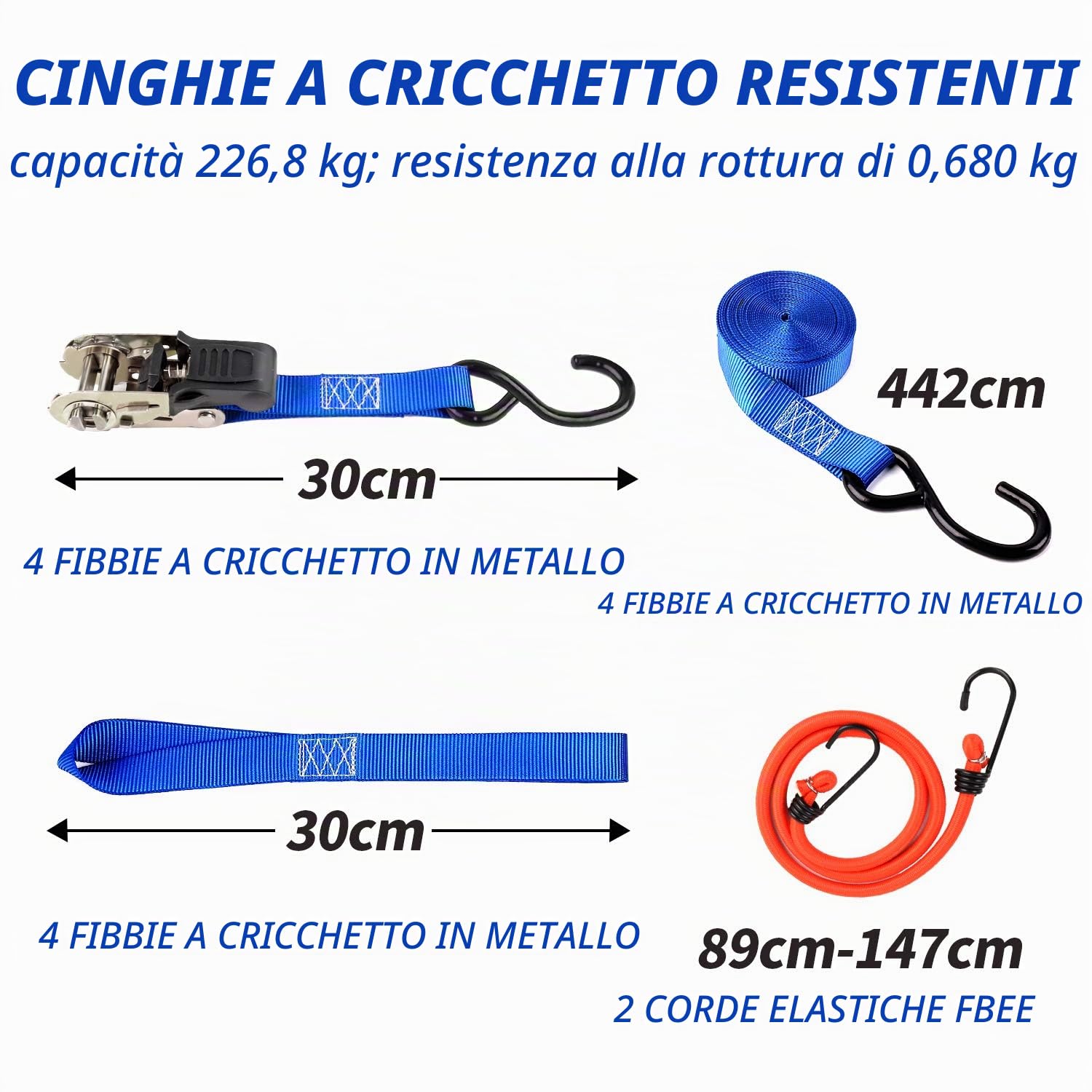 14 PZ Cinghie Fissaggio a Cricchetto e Gancio per Auto e Portapacchi | 4 Cricchetti, 4 Ganci, 4 Morbide, 2 Elastiche, Resistenti, Rivestiti, 500lb, Custodia, Auto, Moto, Bici, Portapacchi
