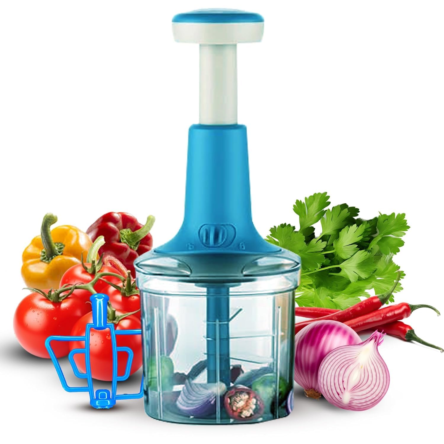 Apsara kitchenware Manual Food Chopper with Push Button, Blue and Clear, egg and curd blender, Onion Chilli Tomato vegetable (1100ml)-image-34