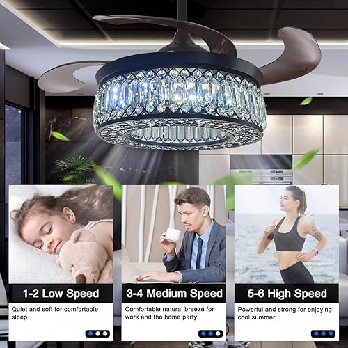 Miniatura 4 de Ventiladores de techo de 42 pulgadas con luces y control remoto, moderno ventilador de araña de cristal negro con motor reversible de 6 velocidades,