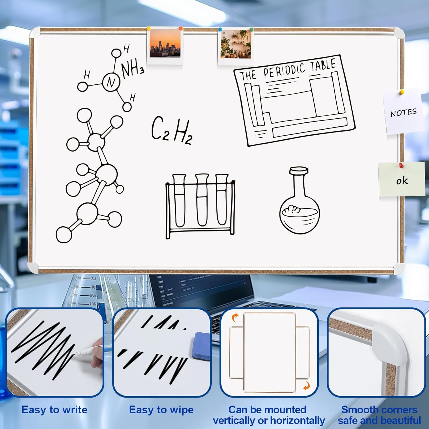 Large Magnetic White Board for Wall,Aluminum & Cork Strip Frame Whiteboard for Office,Presentation Dry Erase Board Wall Mount,Large Whiteboard for School Classroom Huge Whiteboards (36" W x 24" H)