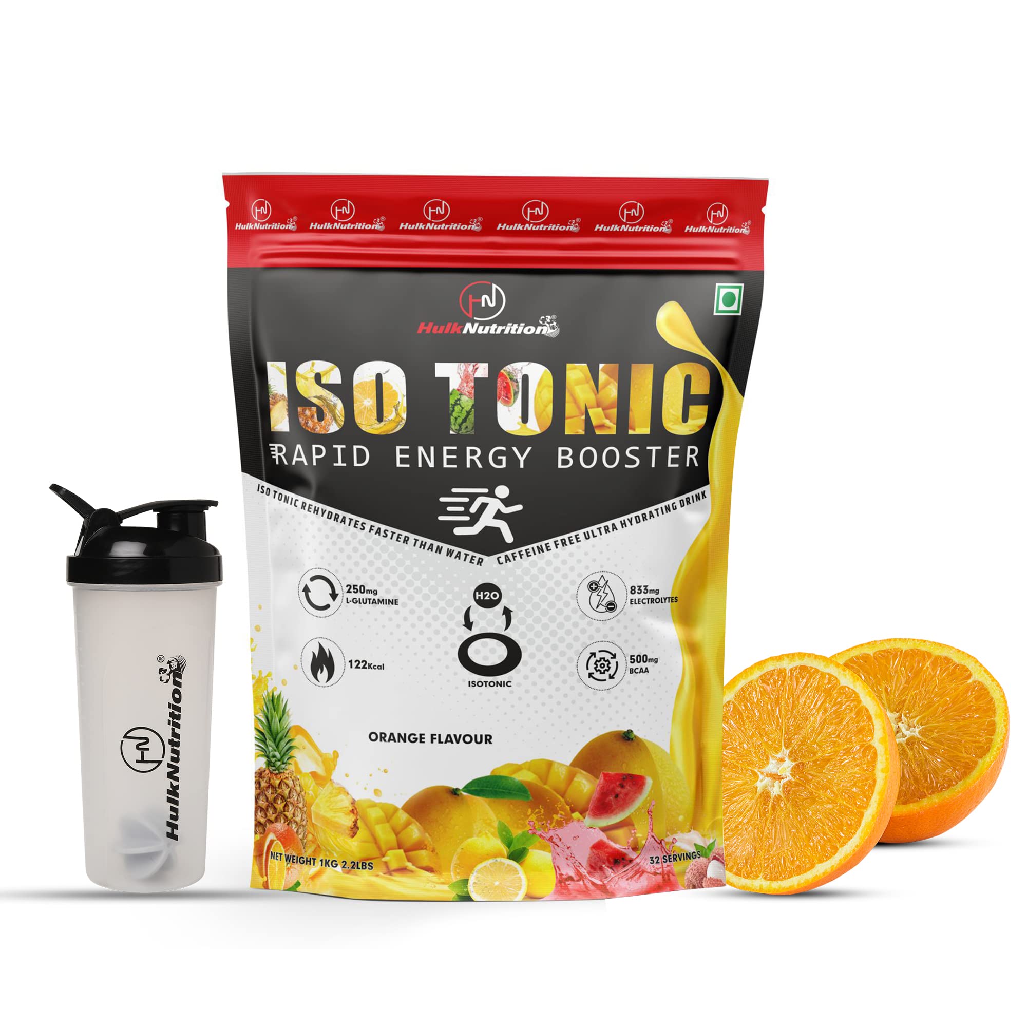 Hulk Nutrition Electrolytes Powder - Isotonic Drink Mix for Energy Boost & Recovery - Hydration Powder to Boost Endurance & Reduce Fatigue with Electrolyte Supplement | Electrolytes Powder [1Kg, Orange, 32 Servings] Free Shaker