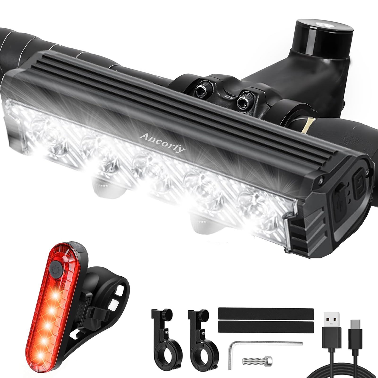 Ancorfy Super Bright LED Bike Light, USB Rechargeable Bicycle Headlight, Waterproof Bike Headlight, 5 Modes 2500 Lumen Bicycle Headlight, MTB Off-Road