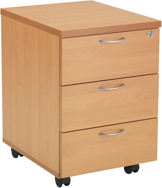 Office Hippo Heavy Duty 3 Drawer Mobile Pedestal Storage Cabinet, Office Storage with Beech Wood Finish, Office Cabinet with Anti-Tilt Mechanism & Lockable Storage, 5 Year Wty - Beech