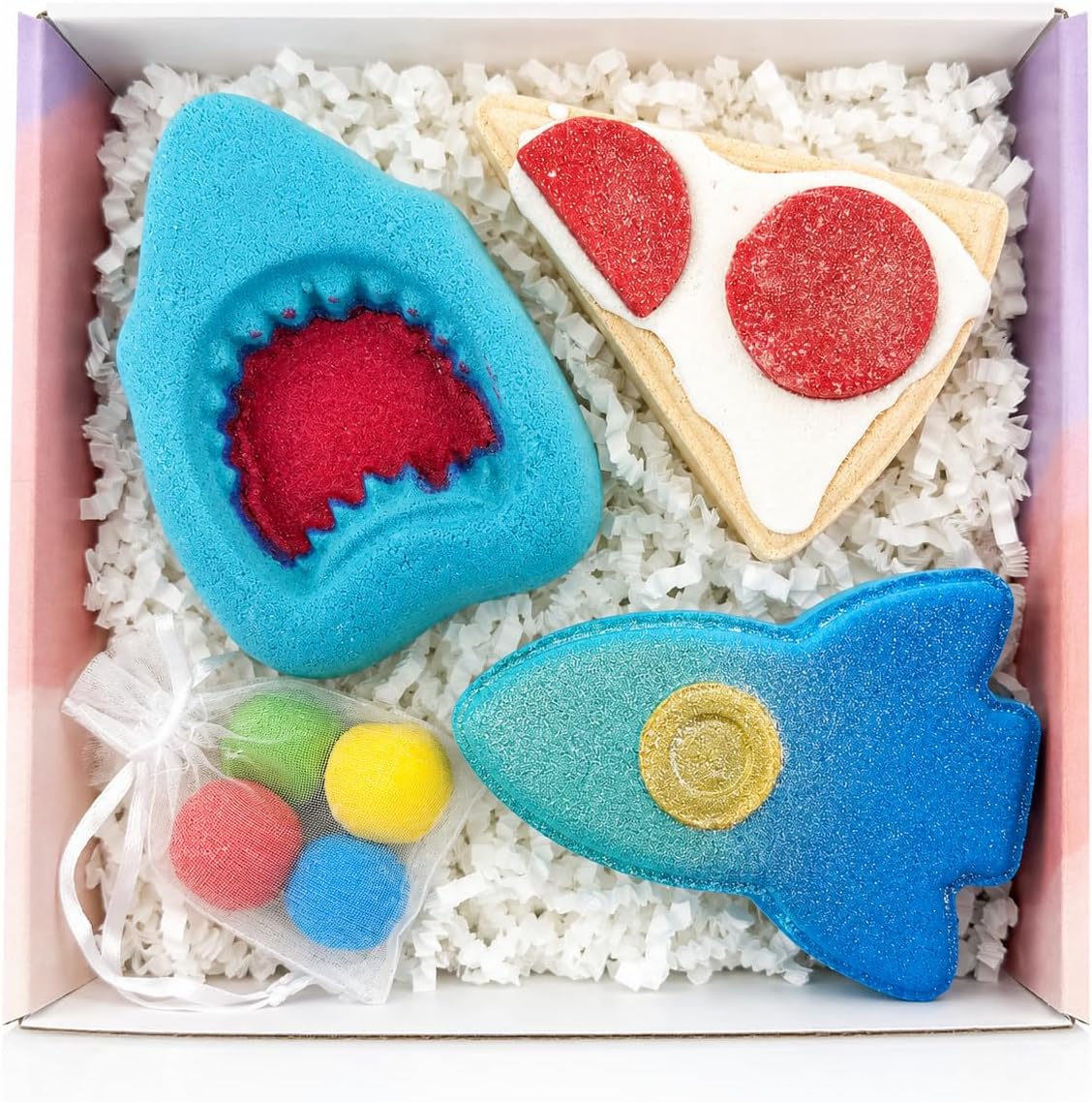 Fizz & Surprise Bath Bomb Box – 3 Full-Size Prize Bath Bombs with Rocket, Shark Attack & Turtle Power Pizza Designs - Plus 4 Colorful Minis, Hidden Toys, Fun Scents & Colorful Fizz
