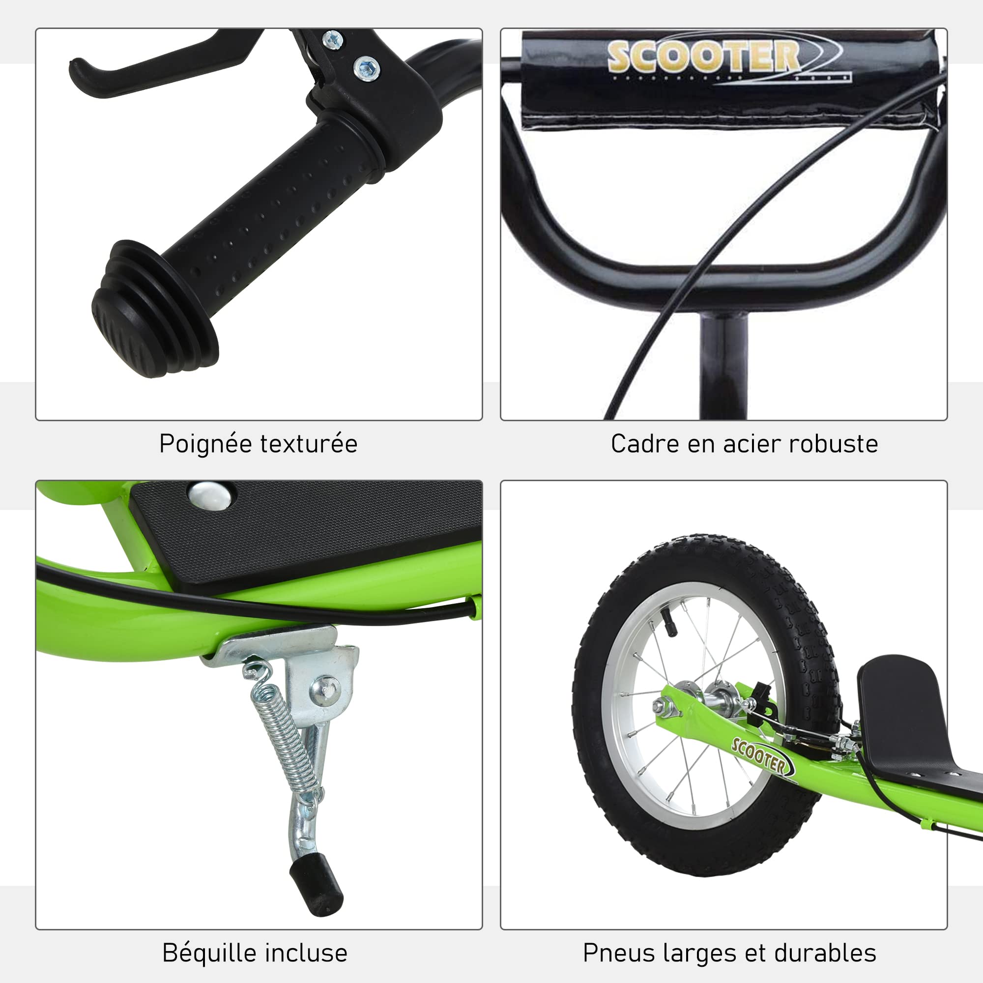 HOMCOM Trottinette patinette Enfants à partir de 5 Ans Grandes Roues Vert | Guidon Réglable, Poignée, Frein et Béquille, Acier