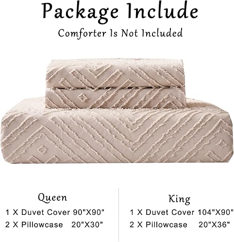 Miniatura 7 de Senville Juego de funda de edredón bohemia beige tamaño King, funda de edredón con textura geométrica, juego de ropa de cama copetudo, 3 piezas,