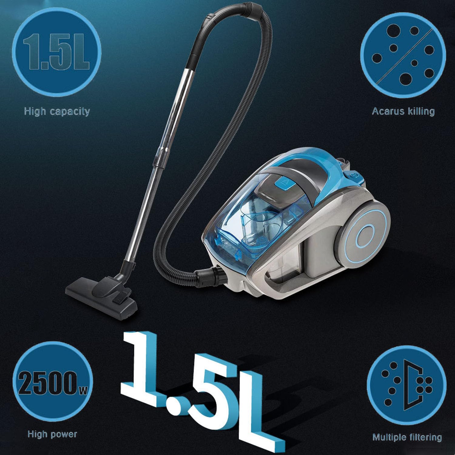 Aspiradora cilíndrica, 2500 W, capacidad de polvo de 1,5 L para limpieza profunda del pelo de mascotas en suelos duros, azulejos y alfombras, rendimiento multisuperficie