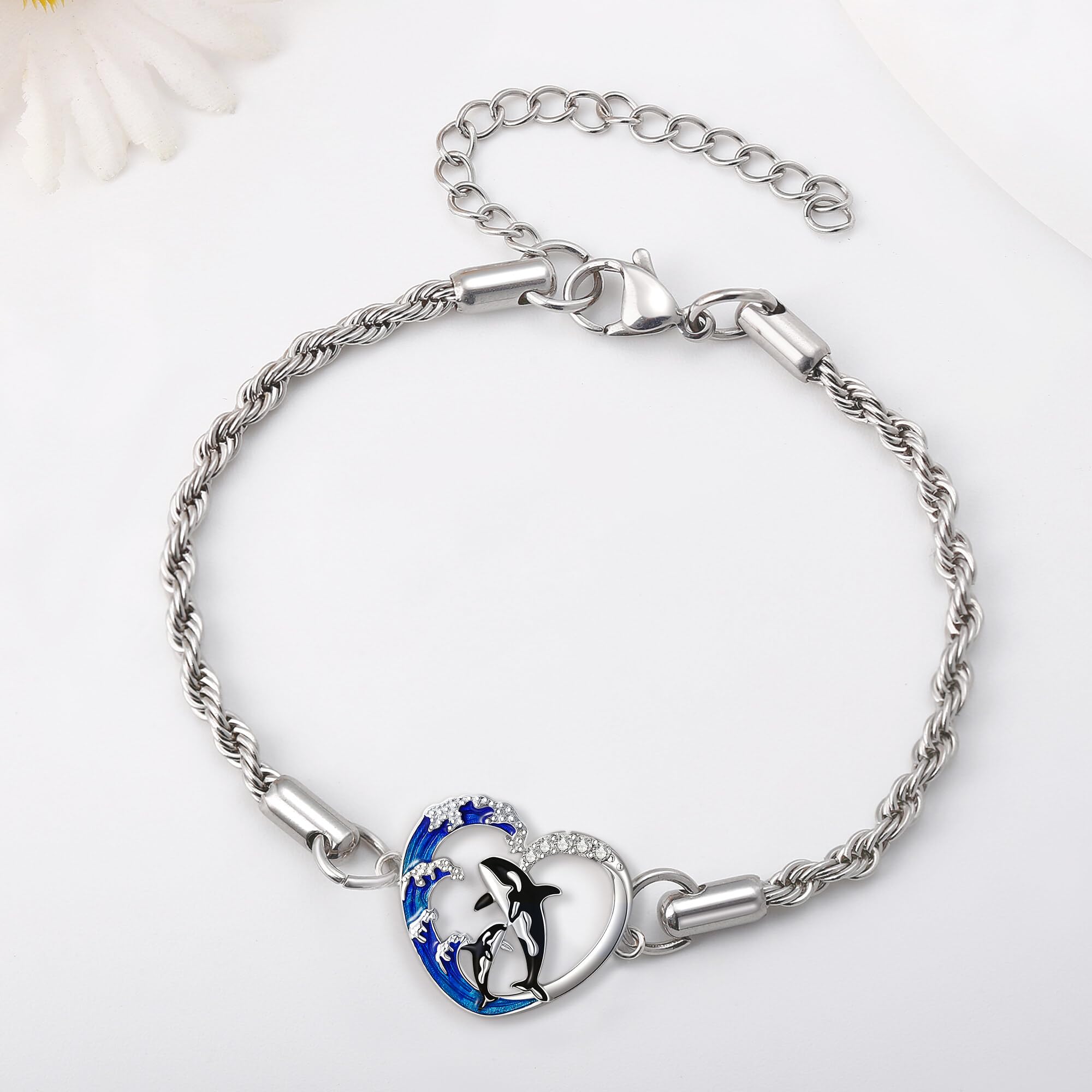 DAYLINLOVE Orca Tobillera de plata de ley 925, orca, orca, forma de corazón, tobillera, madre, hija, mar, océano, animal, regalo de joyería para mujer, mamá, abuela, Plata de ley, Sin gemas