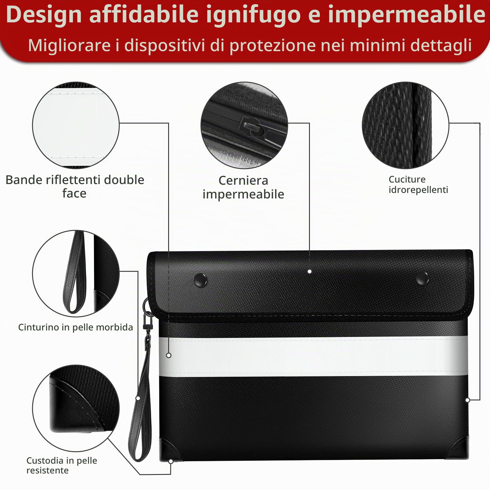 Vailoin Borsa Per Documenti Ignifuga,Rivestimento in Silicone Antiprurito Porta Documenti Impermeabile con Cerniera e Tracolla, Custodia Sicura con Striscia Riflettente (Nero, 34x28cm)