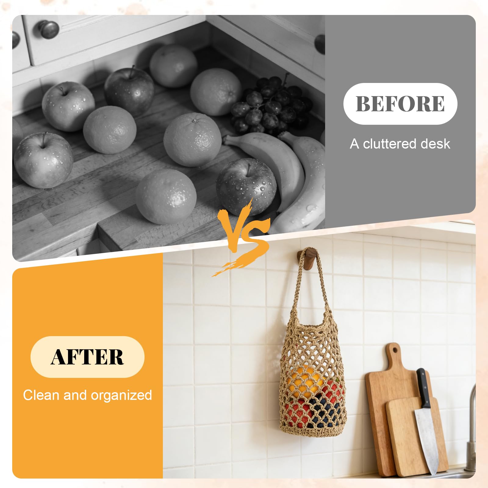 Hängekorb, Obstkorb Hängend Hängekorb Küche, 2er Set Handgewebter Netzbeutel Baumwolle 32x16cm zum Aufhängen für Eier Obst Gemüse, Luftdurchlässiges Design
