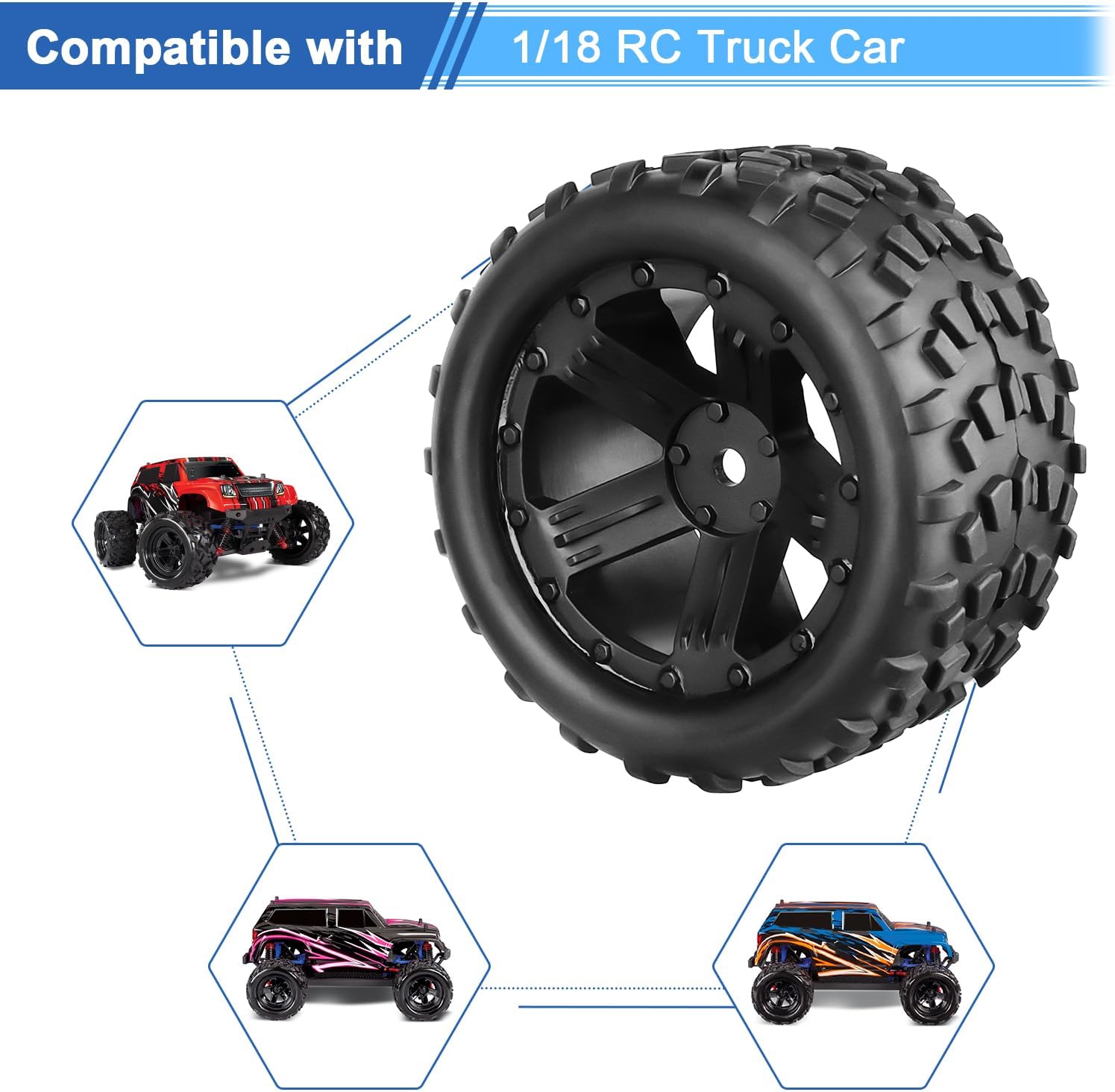 Pre-Glued 12mm Hex 1/18 Scale RC Monster Truck Tires and Wheels Compatible with Traxxas Latrax Teton 4WD
