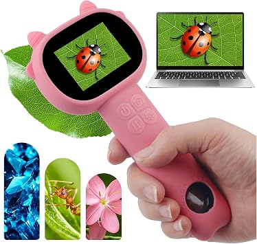 Kids Microscope 500X with 2" IPS Screen - Mini Handheld Digital Microscope with 1080P HD Imaging, 8 LED Lights, Photo & Video, Portable STEM Science Toy Gift for Boys & Girls Ages 3-12 - Pink