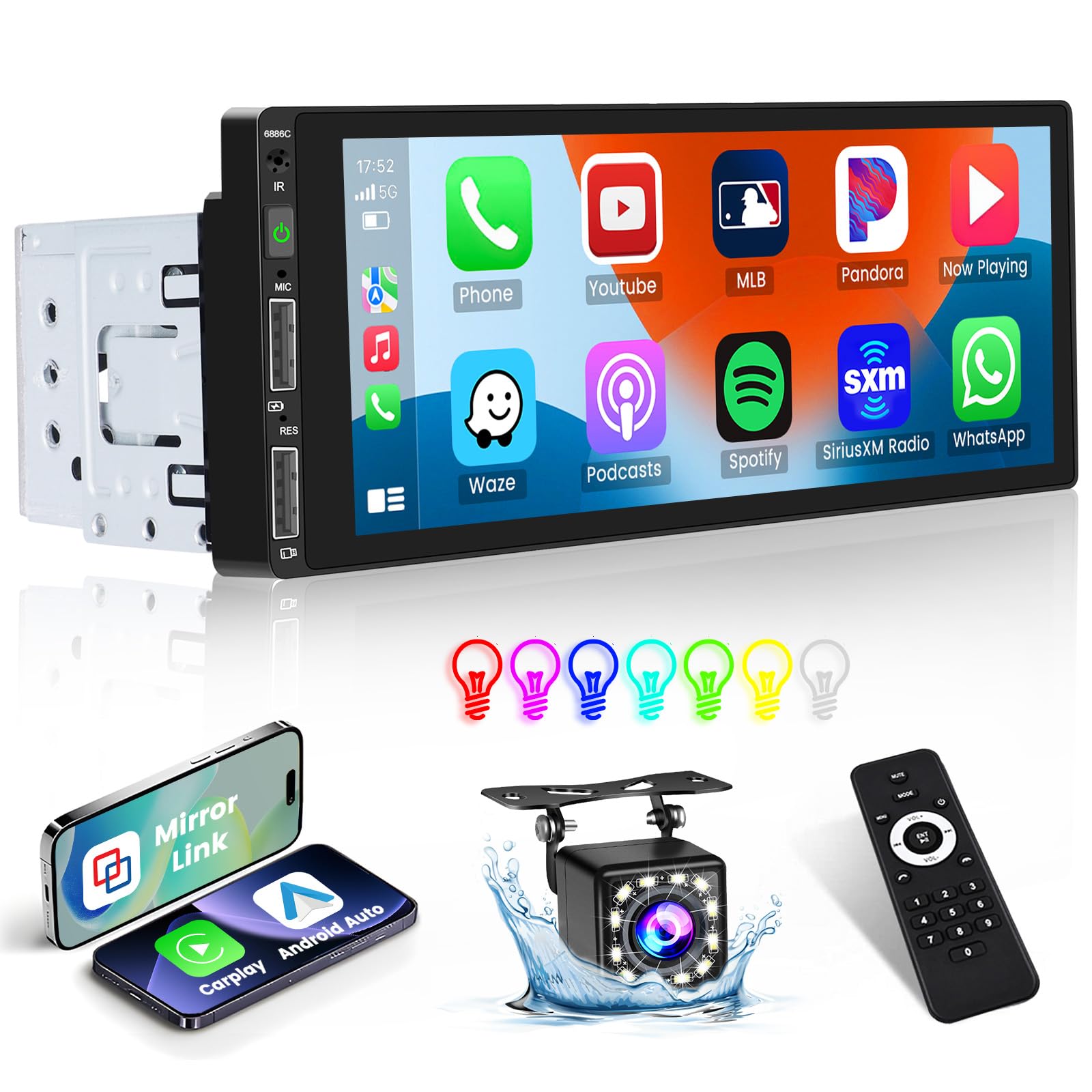 Inefala Radio de Coche 1 DIN 6,9 Pulgadas con Apple Carplay y Android Auto, Pantalla Táctil Estéreo de Coche con Bluetooth, Mirror Link, FM, Carga Rápida USB, Control del Volante, Cámara Trasera