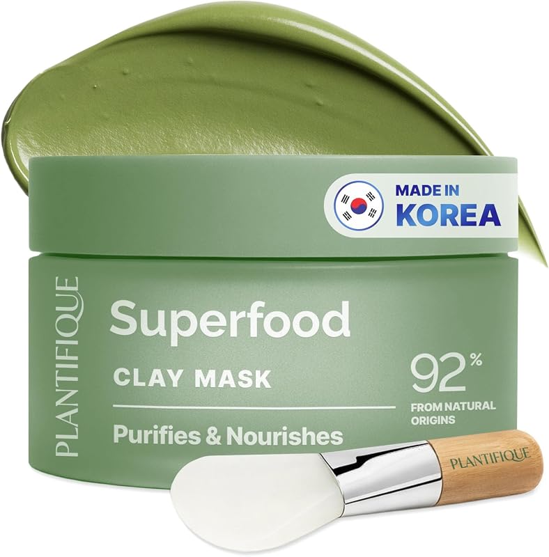 PLANTIFIQUE Korean Clay Mask for Pore Cleansing, Dermatologically Tested | Face Masks Skincare with Kaolin Clay & Superfoods - Hydrating & Soothing – Mascarilla de Arcilla, Includes Spatula, 3.88oz