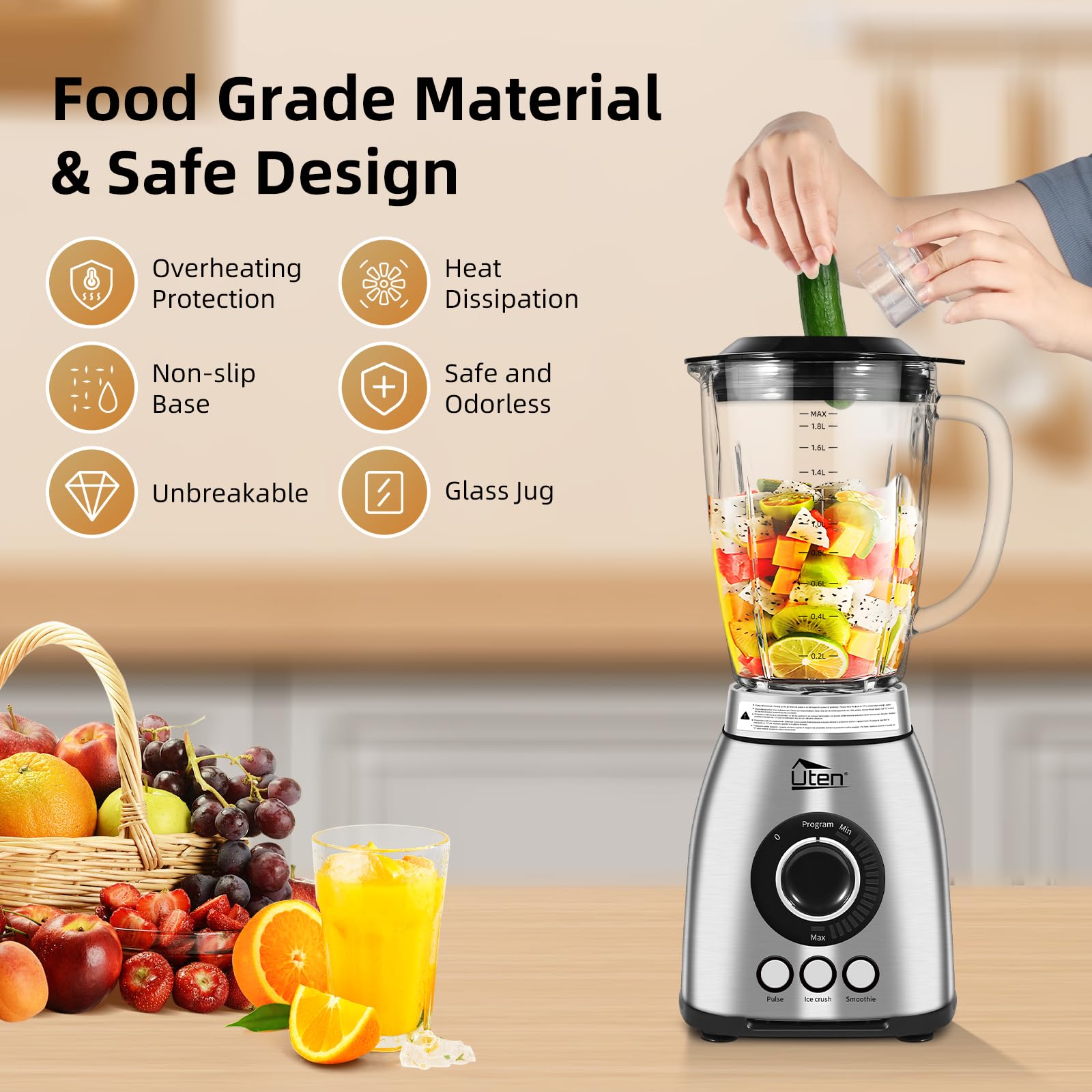 Uten Blender 2 l, elektrische mixer met 1800 W, 3 vooraf ingestelde programma's Ice Crush, Smoothie, Pulse en 18 snelheden, roestvrijstalen behuizing, milkshakes, malen van koffiebonen