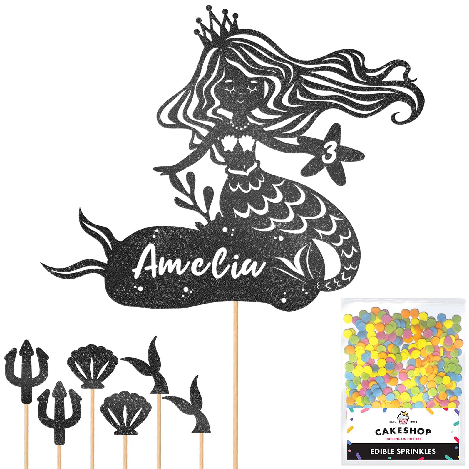 Personalised Birthday Mermaid Glitter Cake Topper- Black Any Custom Age & Name Glitter Cake Decoration and Sprinkles - Happy Birthday Decorations - Personalised Toppers for Cakes by Cakeshop — image 1