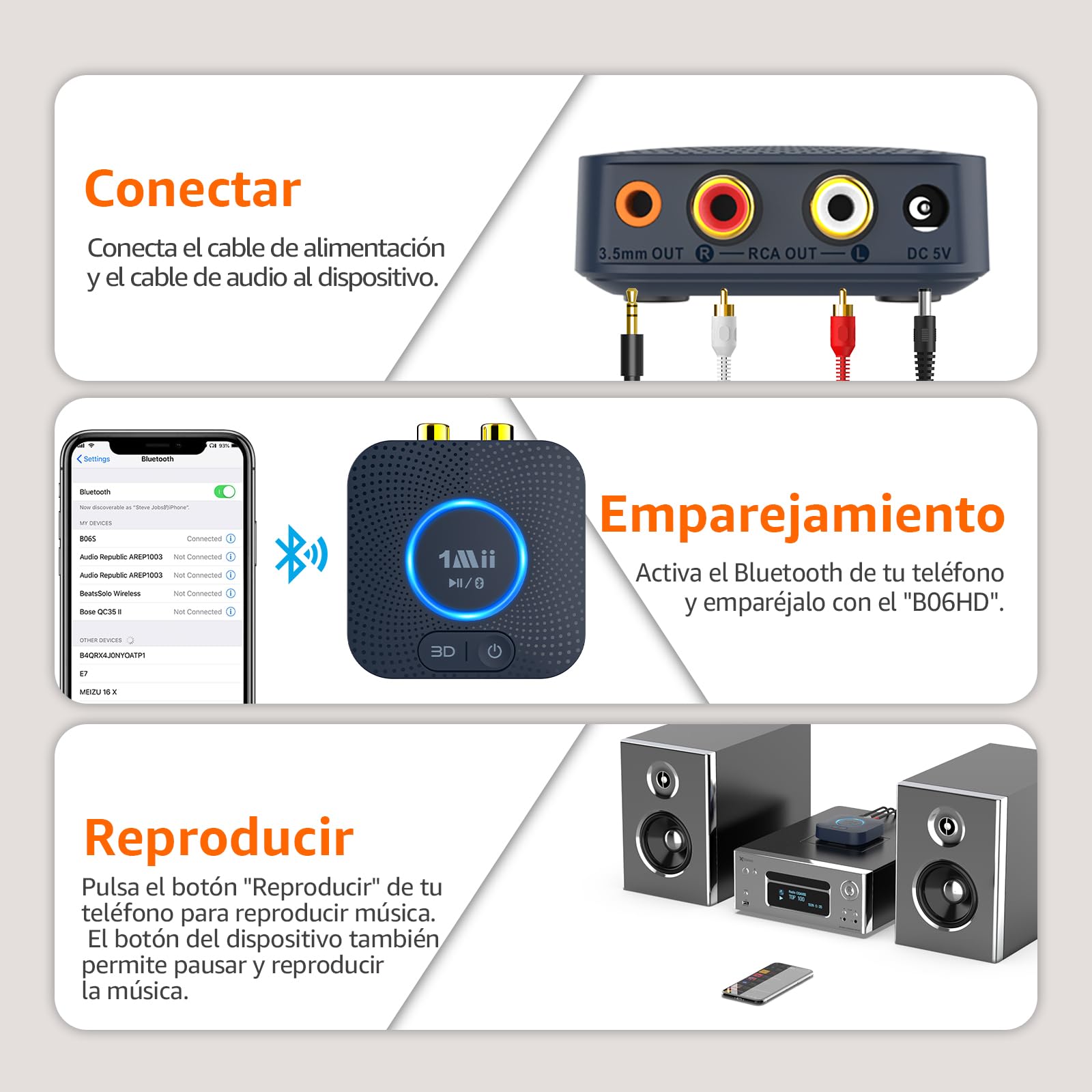 1Mii B06HD Receptor de Audio Bluetooth 5.3, Adaptador Bluetooth para Sistema Estéreo HiFi Doméstico, con Sonido Envolvente 3D de Baja Latencia aptX HD, 15H de Reproducción, Conector 3.5mm AUX, RCA