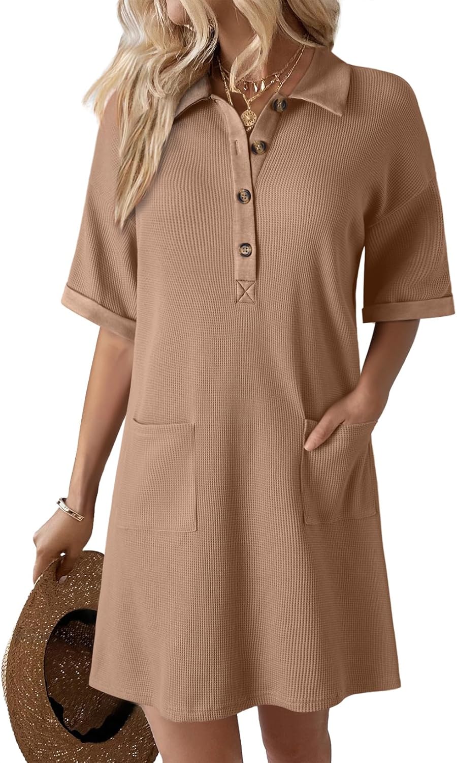 Dokotoo Womens Dresses V Neck Casual Short Sleeve Waffle Knit Mini Dress Sweater Dress