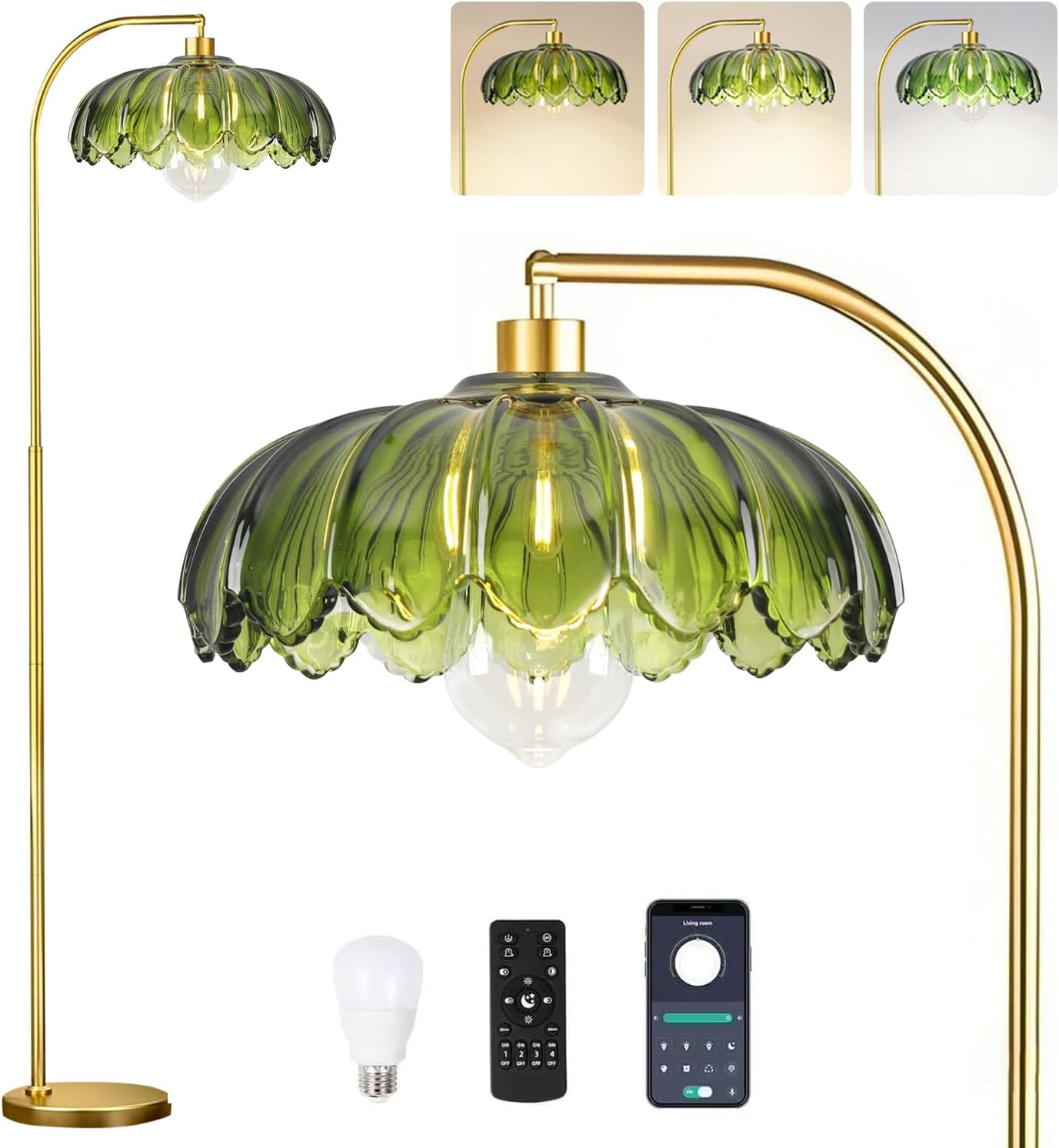 Glass Floor Lamp for Living Room,Bedroom,Gold Mid Century Modern Standing Lamp with Remote Dimmable,Boho Brass Tall Lamp Vintage Retro Green Lamp Arc Floor Lamps Flower Floor Light Bohemian