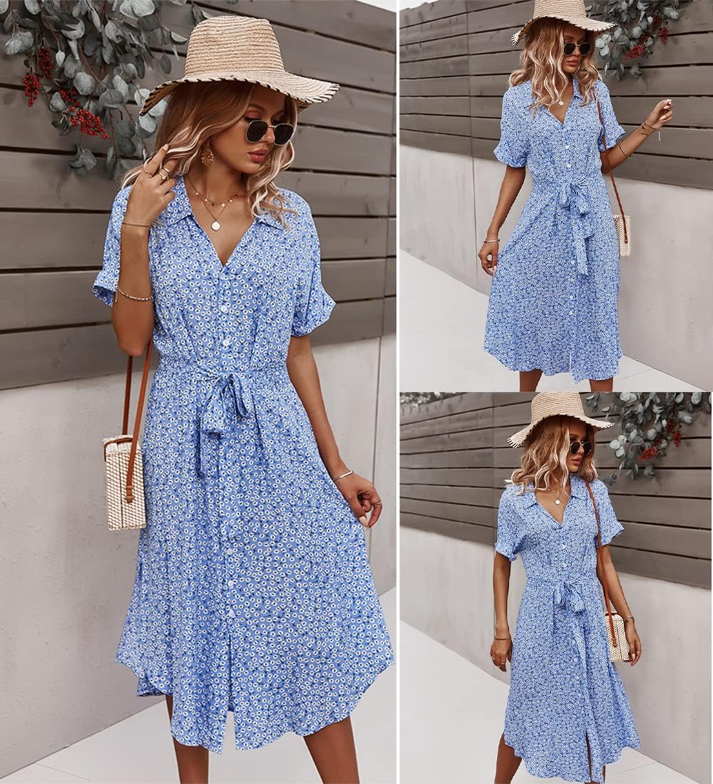 Jiraewh Damen Blumen Sommerkleid Knopf Kurzarm V-Ausschnitt Lose Knielang Kleid High Waist Midi-Hemdkleid Strandkleider Polka Dots Knopfkleid Langarmkleid - Image 2