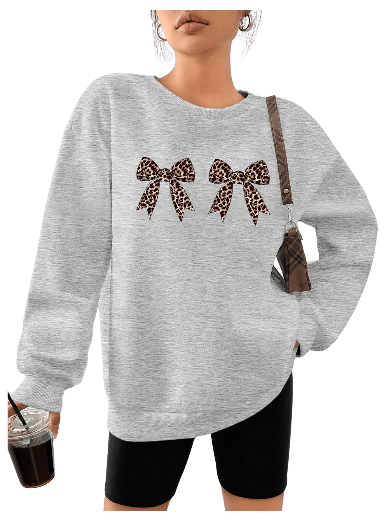 Milumia Women's Leopard Bow Print Sweatshirt Crewneck Long Sleeve Pullovers