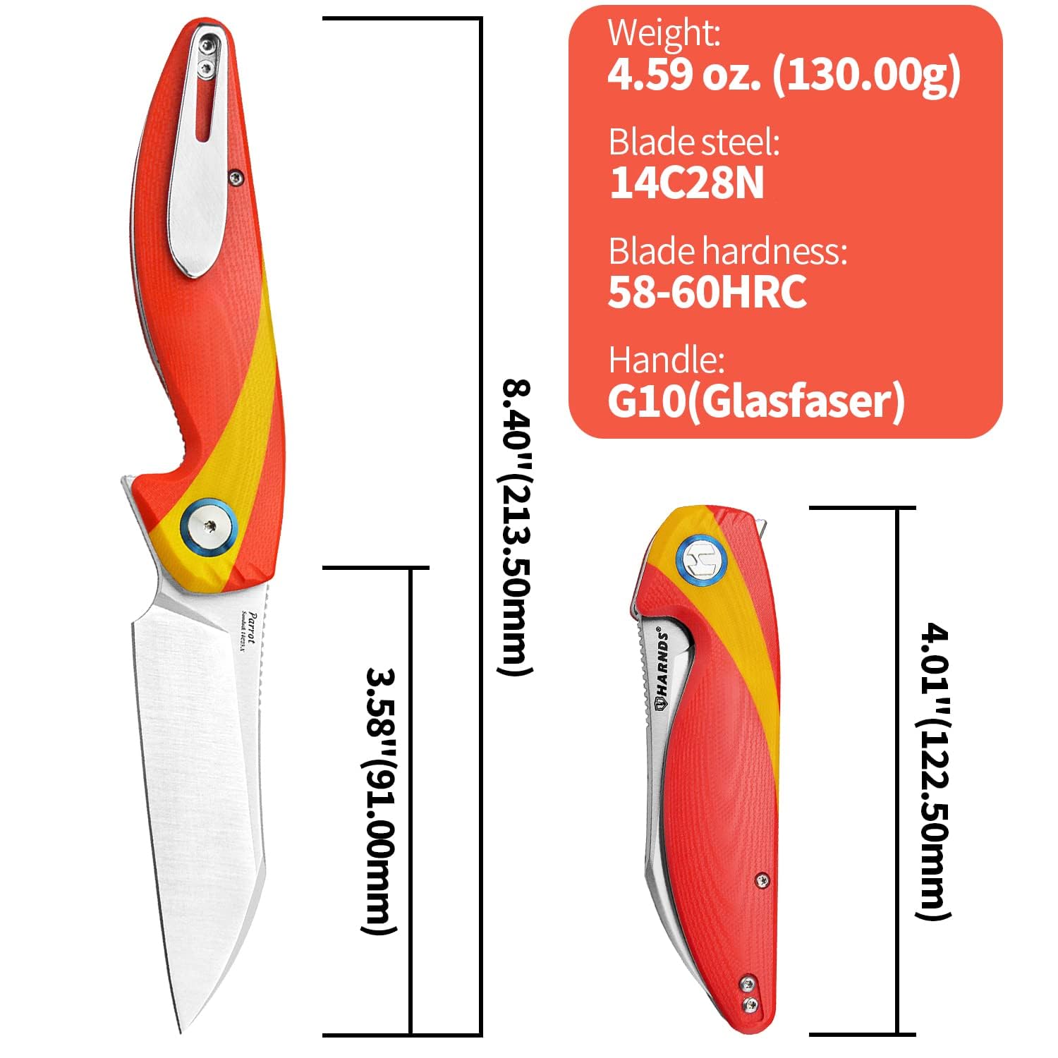 HARNDS Parrot Premium Coltello pieghevole con lama Sandvik 14C28N da 3,58" e manico in G10 con clip, chiusura con liner per l'EDC e il campeggio all'aperto. (Rosso & giallo)