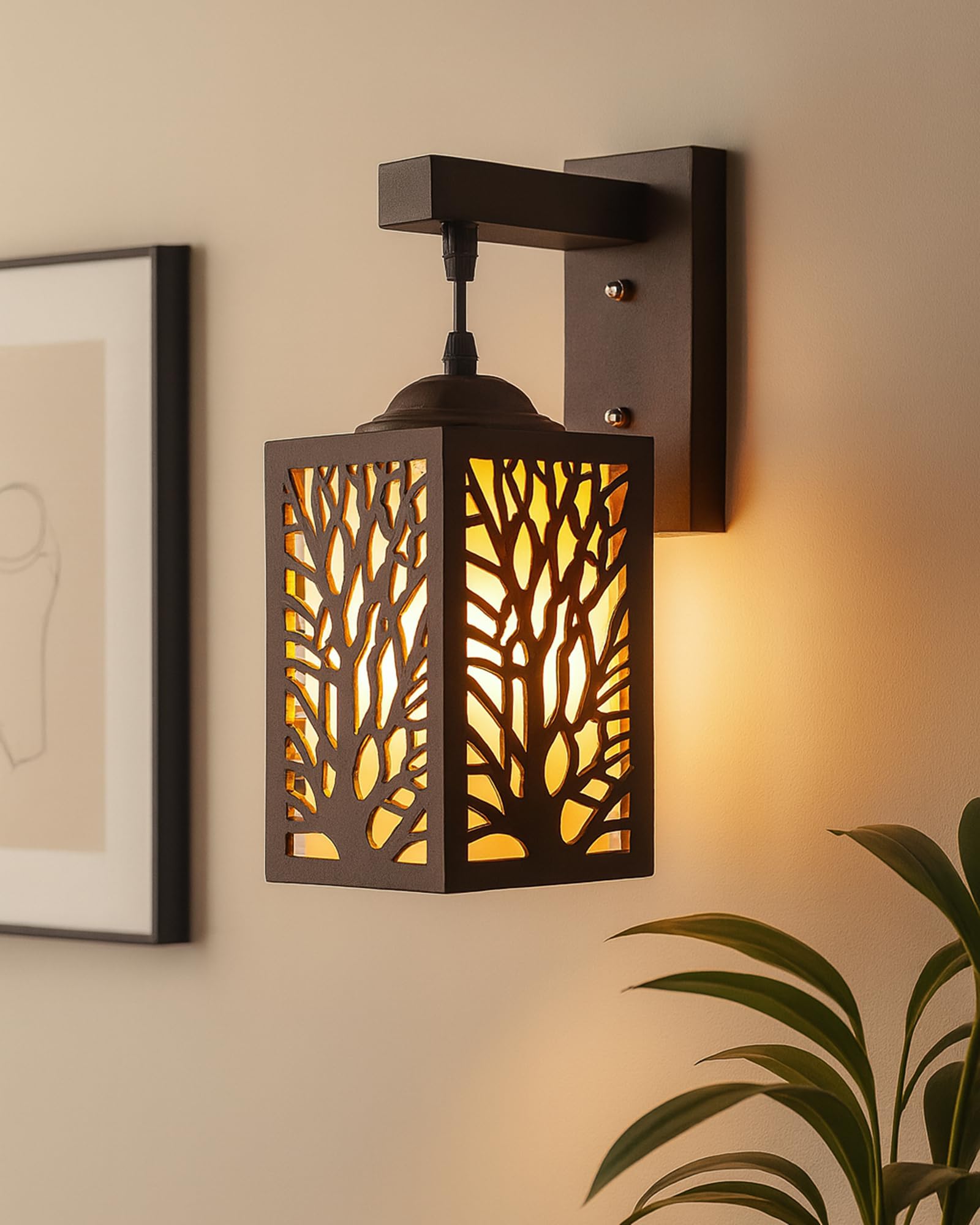 Homesake® Antique Tree Cutwork Wall Lamp for Living Room, Bedroom, Hallway | Decorative Metal Wall Light with Warm Glow | Modern Rustic Indoor Wall Sconce for Home Décor, Brown