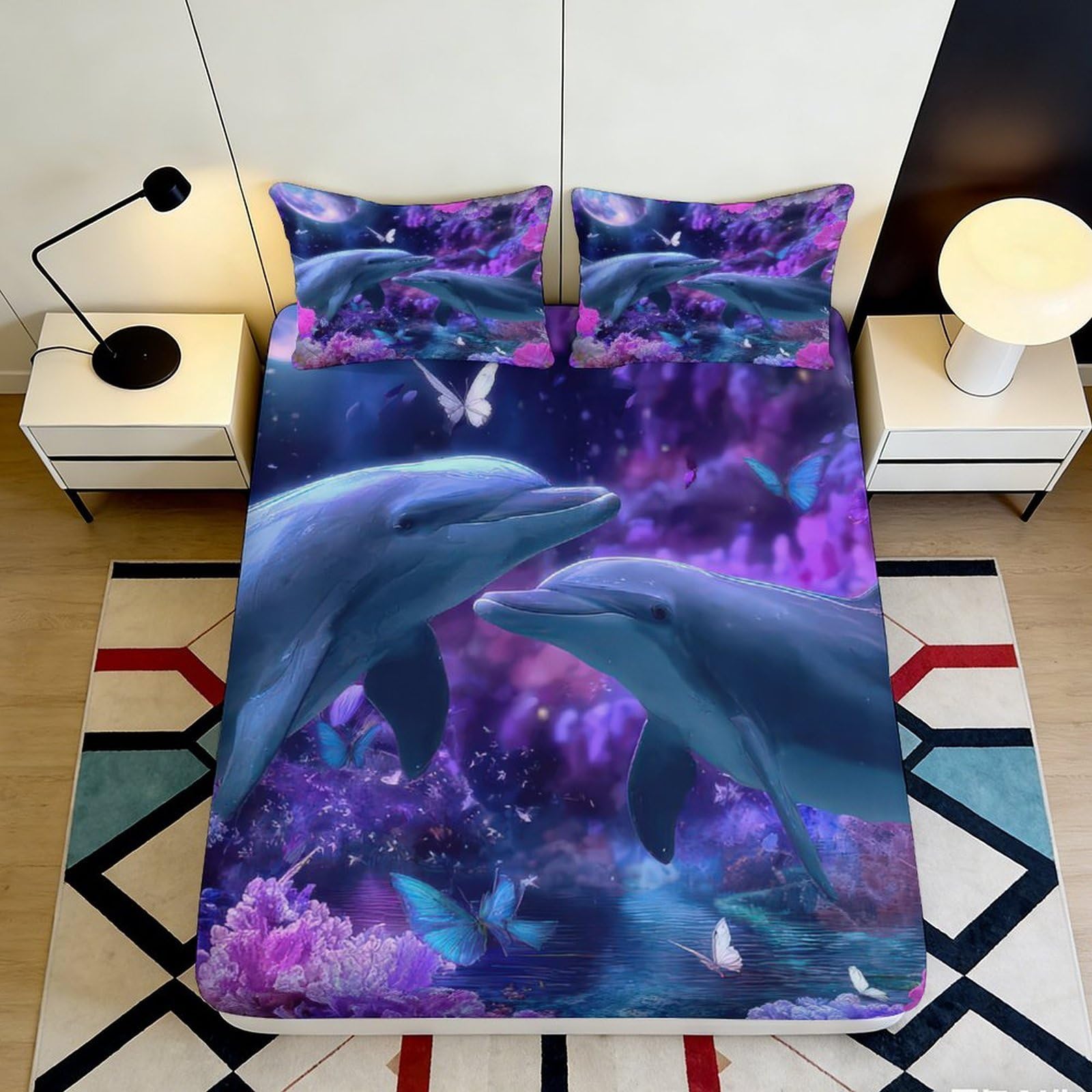 3D Printed Dolphin Fitted Sheet Microfiber Deep Pocket Non-Slip Bedroom Bedding Dolphin Mattress Fitted Cover Washable 90x200x25cm